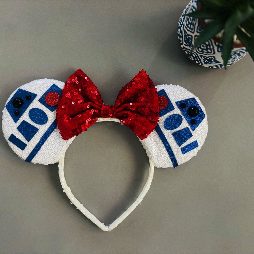 Sequin R2-D2 Inspired Minnie Mouse Ears with Red Bow